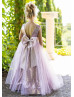 Rose Pink Sequin Tulle V Back Flower Girl Dress